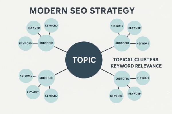 Modern SEO strategy concept showing topical clusters and keyword relevance