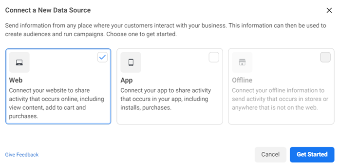 Connecting a new data source-Facebook Pixel